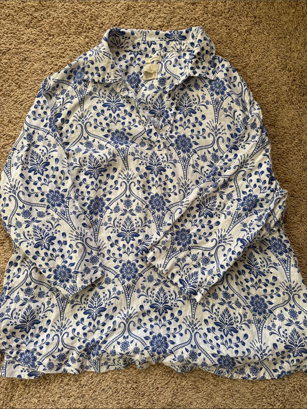 Joie 100% Linen Blue White Floral Damask Tunic Top Split Neck Tie Hem Size 3x